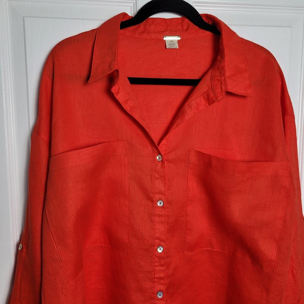 Magaschoni Shirt Top Womens Large Orange Linen Button Up Roll Tab Oversized - Picture 3 of 10